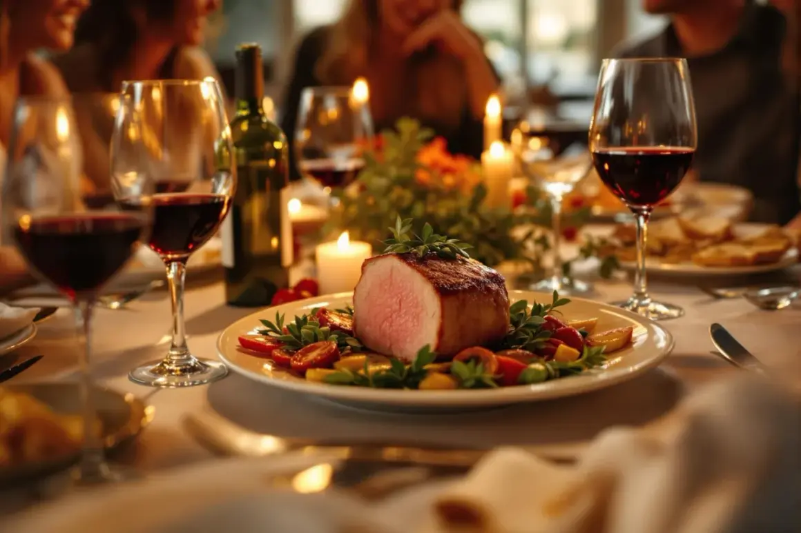 Un dîner romantique avec un rôti de côte de veau, accompagné de vin rouge et de bougies.