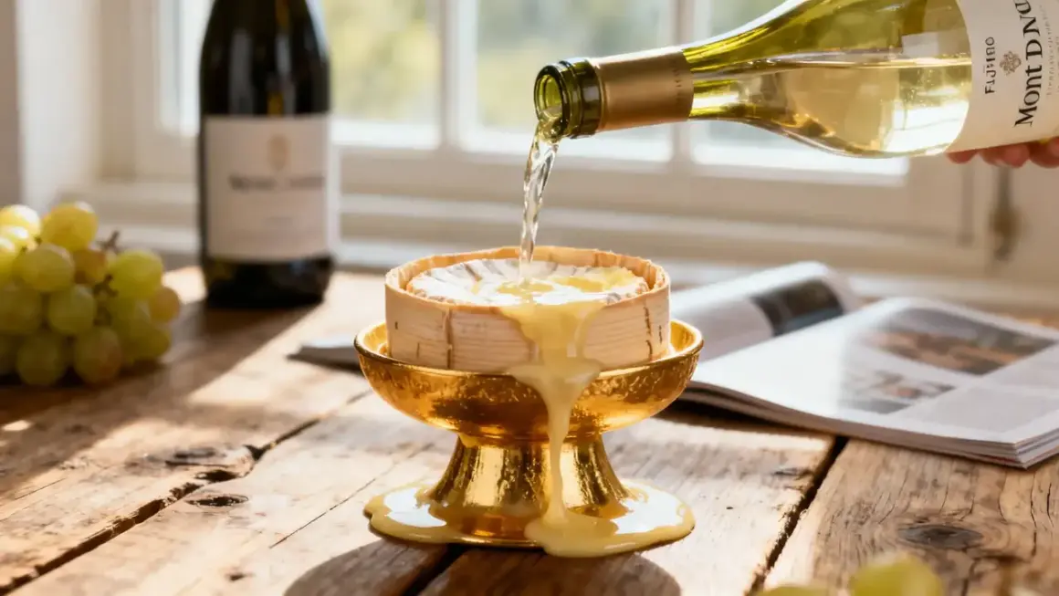 Un vin blanc Mont d'Or coule sur un fromage fondant dans un plat doré. Des raisins verts et une bouteille de vin complètent la scène.