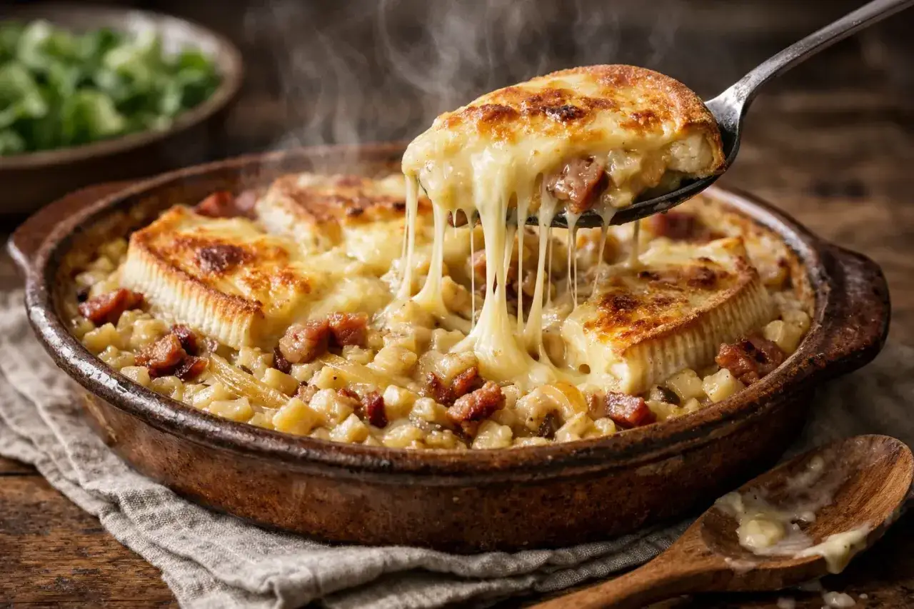 Une cuill&egrave;re soul&egrave;ve une portion de croziflette fumante, le fromage fondant s'&eacute;tire. Un plat r&eacute;confortant, parfait pour une recette maison.