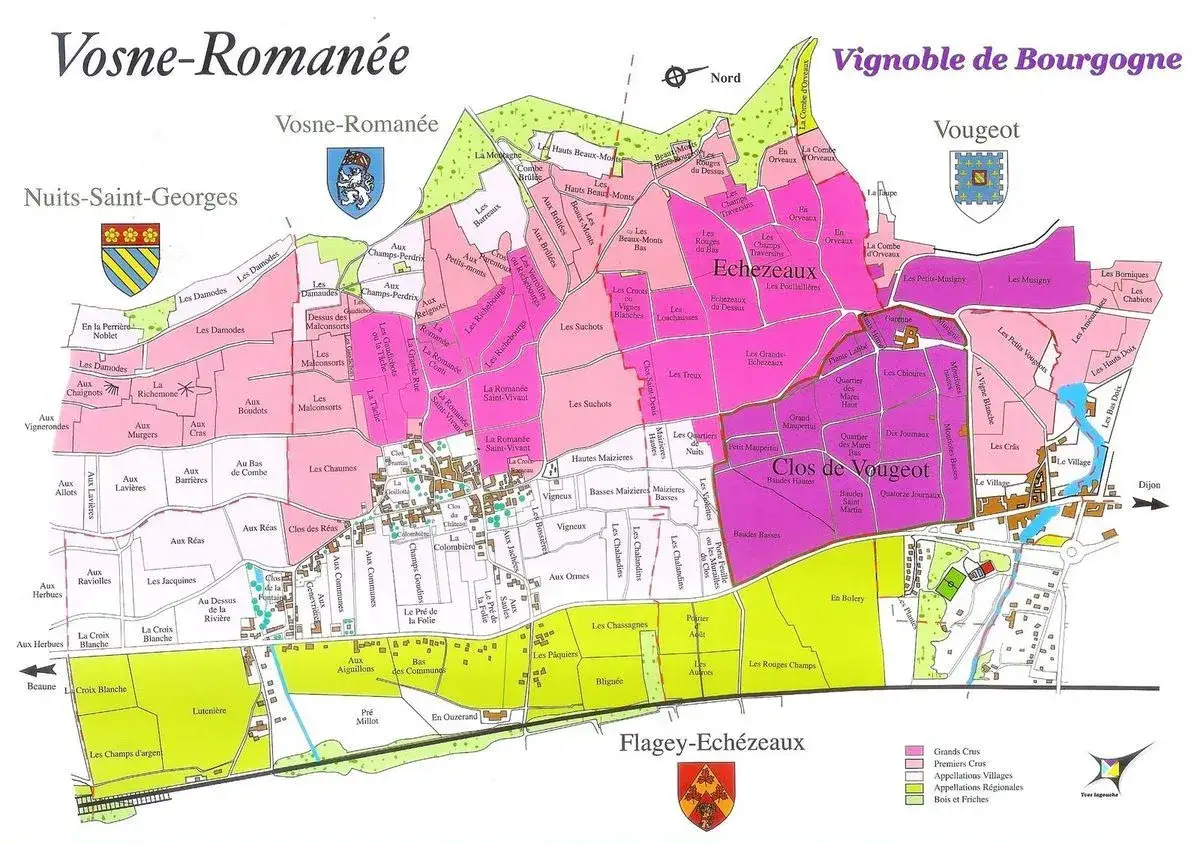 Carte des vignobles de Vosne-Roman&eacute;e et Vougeot, mettant en &eacute;vidence les parcelles de grand cru.