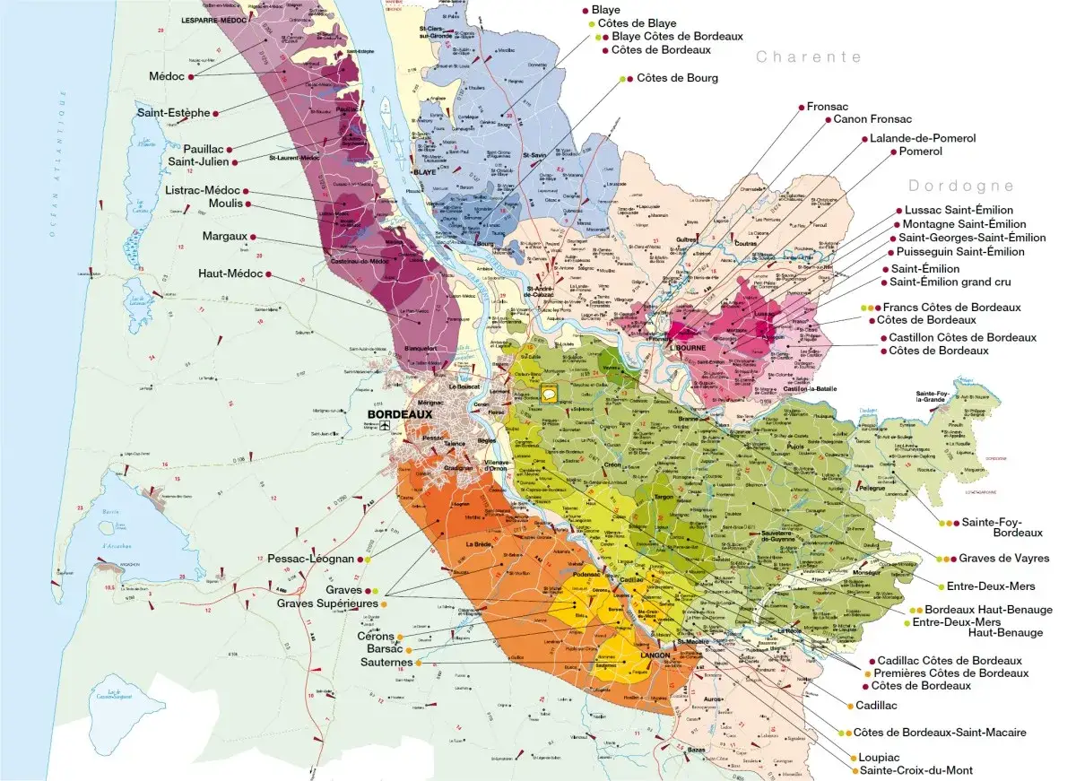 Carte des vins de Bordeaux, avec les appellations M&eacute;doc, Saint-&Eacute;milion, Pomerol, Graves, Sauternes. Le 2&egrave;me cru est bien repr&eacute;sent&eacute;.