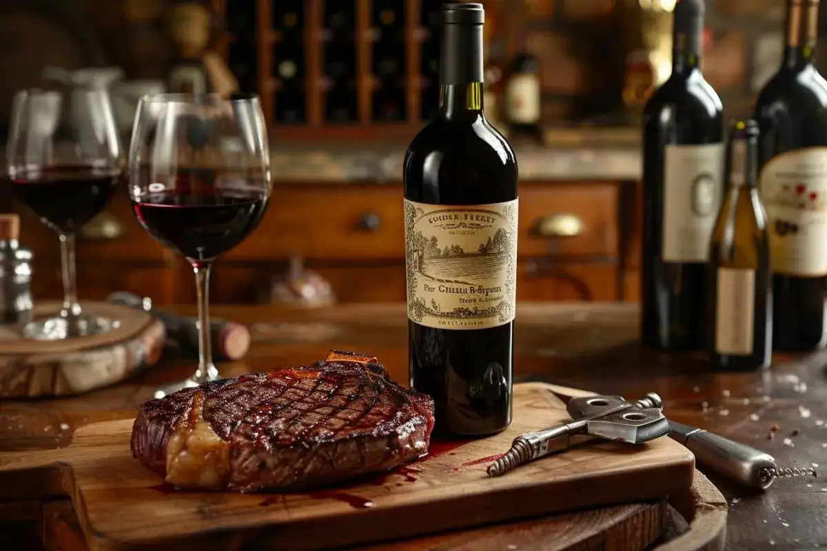Un succulent entrec&ocirc;te grill&eacute;, pr&ecirc;t &agrave; &ecirc;tre d&eacute;gust&eacute; avec un verre de vin rouge. Une bouteille de vin et des tire-bouchons anciens compl&egrave;tent cette sc&egrave;ne gourmande.