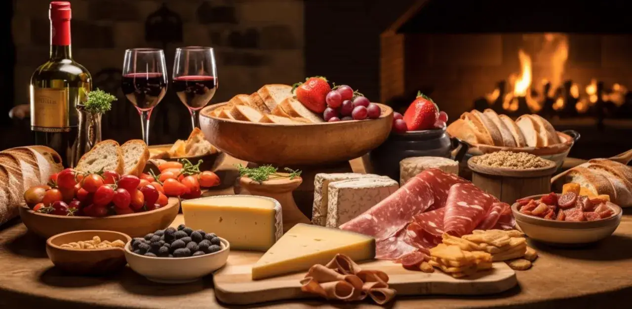 Un plateau gourmand avec fromages, charcuteries, fruits et pain, parfait pour accompagner un vin rouge. Idéal pour une raclette !