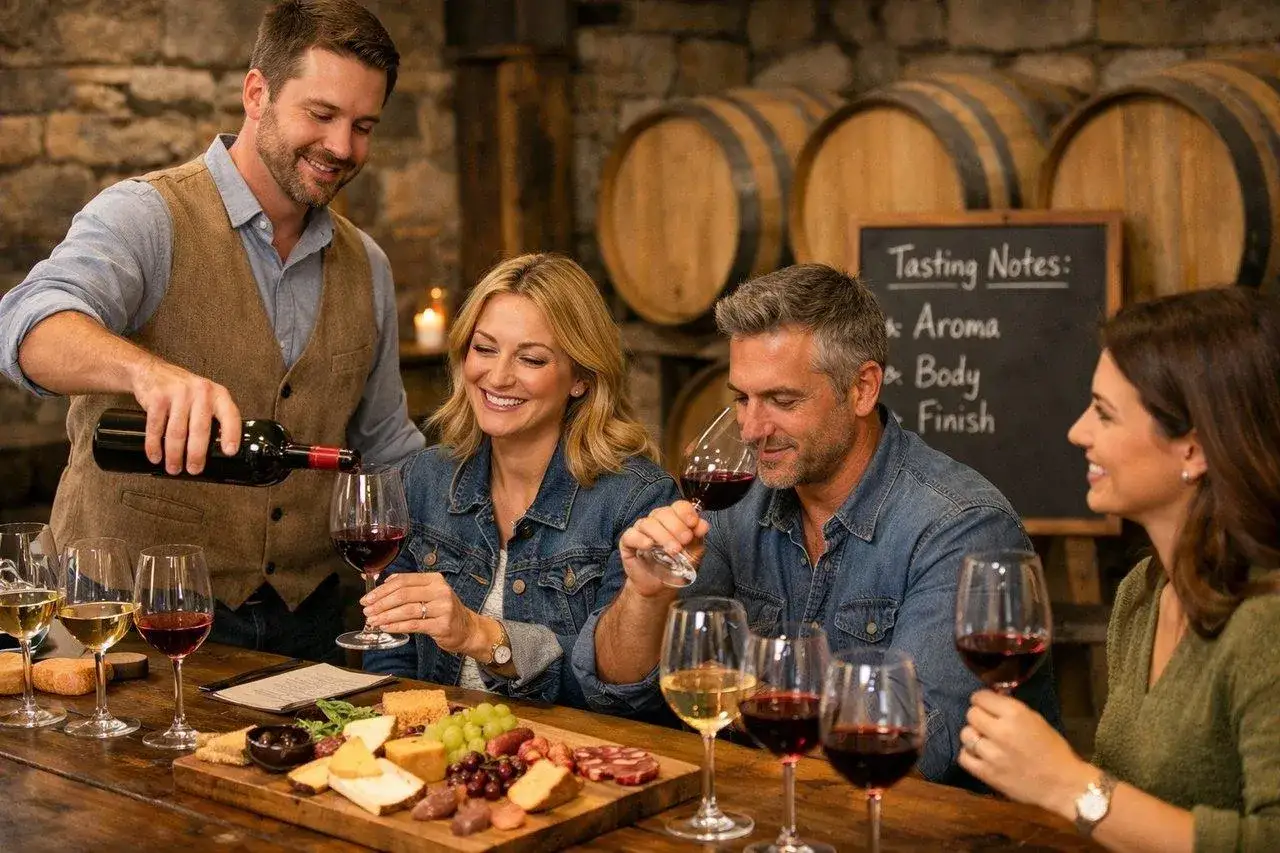 Dégustation de vin dans une cave. Un homme verse du vin rouge, tandis que des couples savourent leur verre, sans noter de défauts du vin.