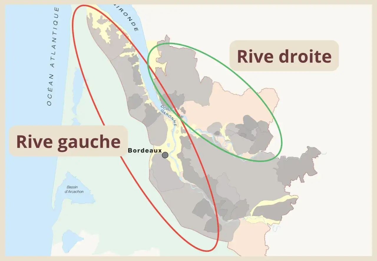 Carte des vignobles de Bordeaux, montrant la rive gauche et la rive droite, zones clés pour le vin de Bordeaux.