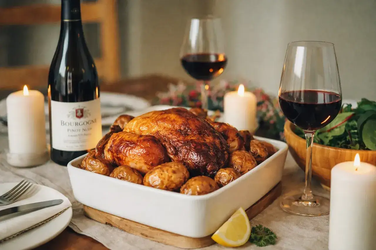 Un chapon farci dor&eacute;, entour&eacute; de pommes de terre r&ocirc;ties, pr&ecirc;t &agrave; &ecirc;tre d&eacute;gust&eacute; avec un verre de vin rouge.