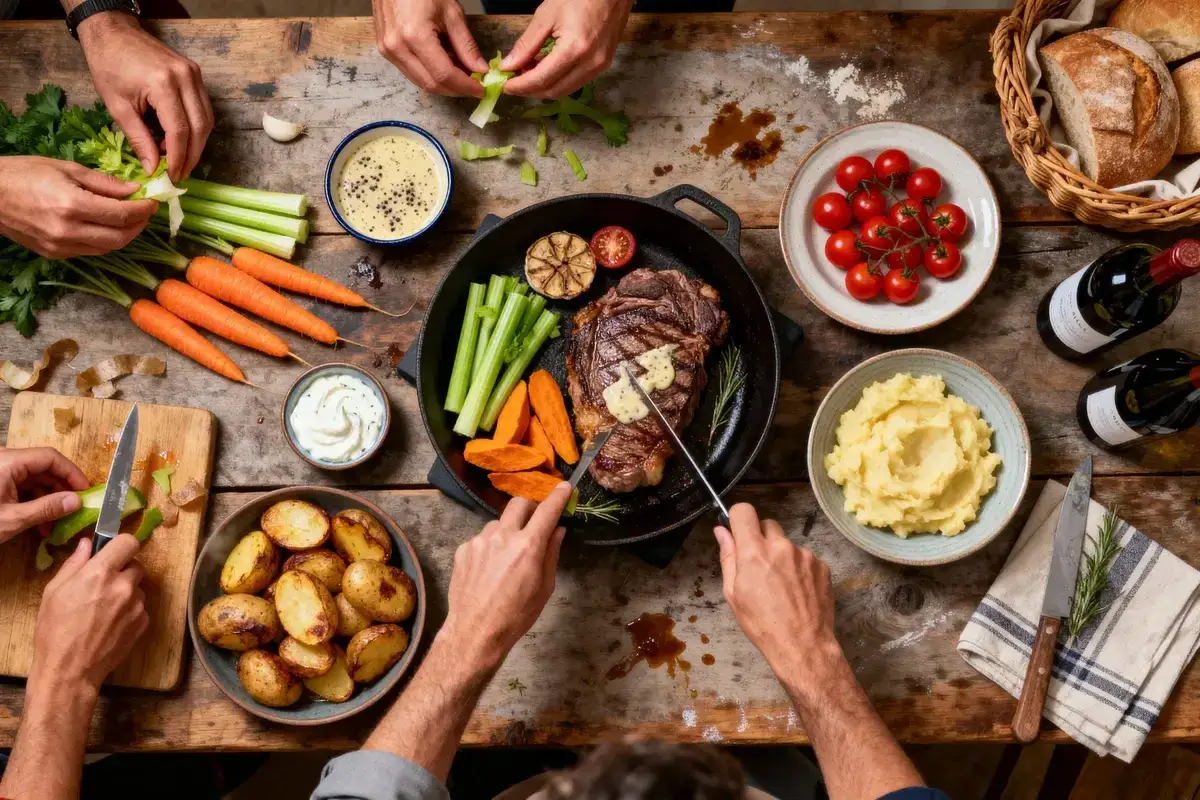 Un repas convivial : steak, l&eacute;gumes, pur&eacute;e, pain et vin. Id&eacute;al pour savoir quel vin avec une pierrade.