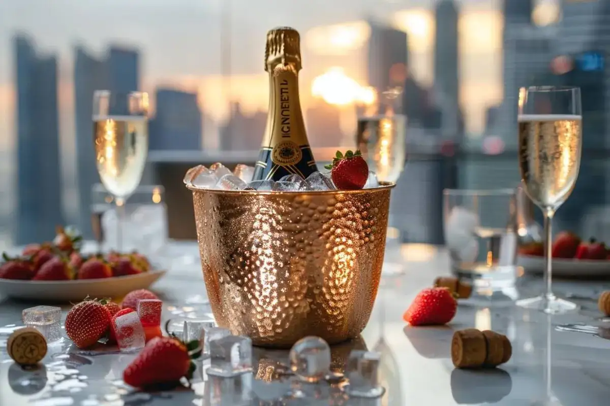 Une bouteille de champagne dans un seau en cuivre martelé, entourée de fraises et de glaçons. L'ambiance est luxueuse, parfaite pour une célébration.