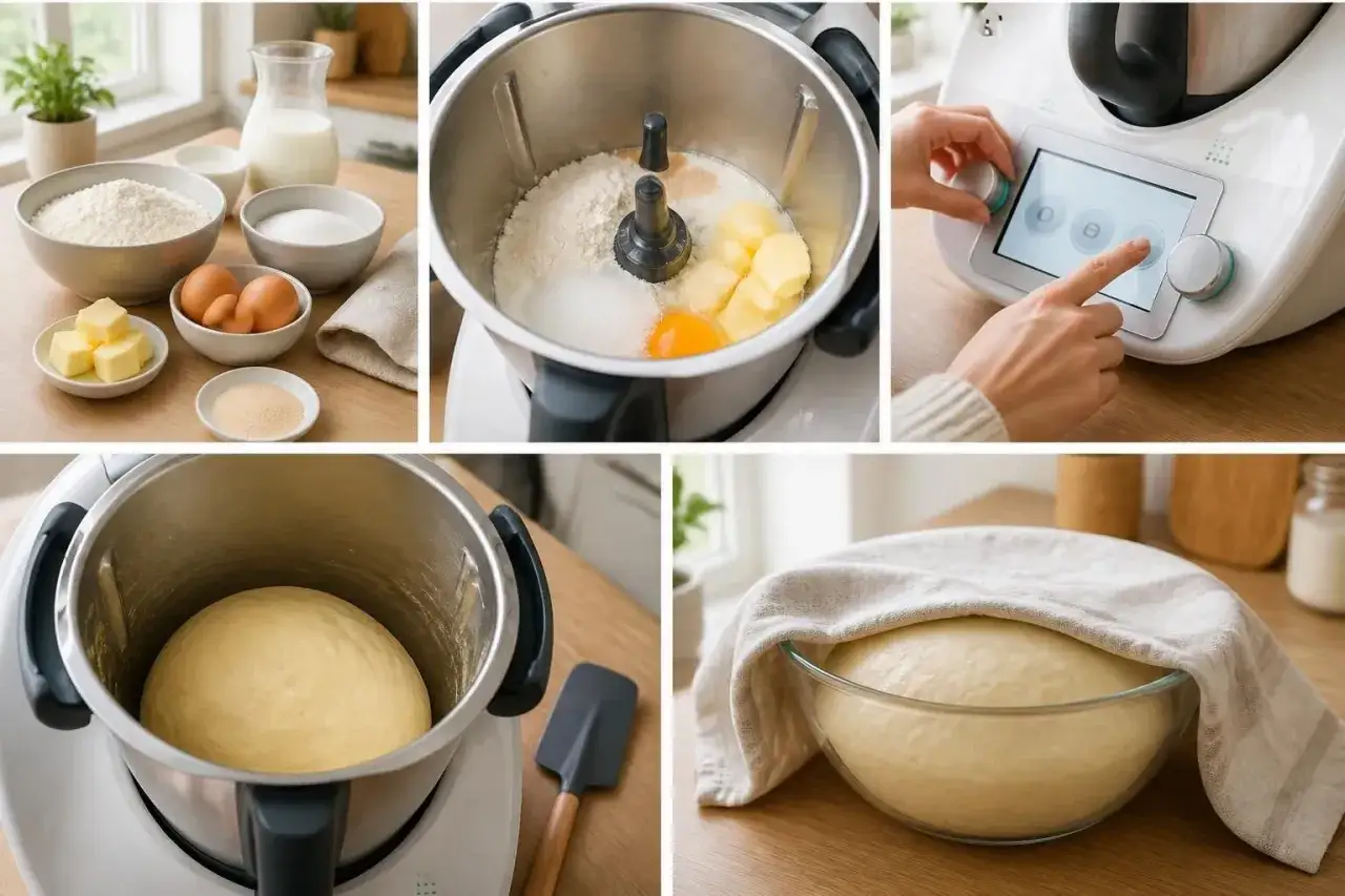 Préparation des ingrédients pour une recette de donuts : farine, œufs, beurre, sucre, lait et levure. La pâte est ensuite travaillée et laissée lever.