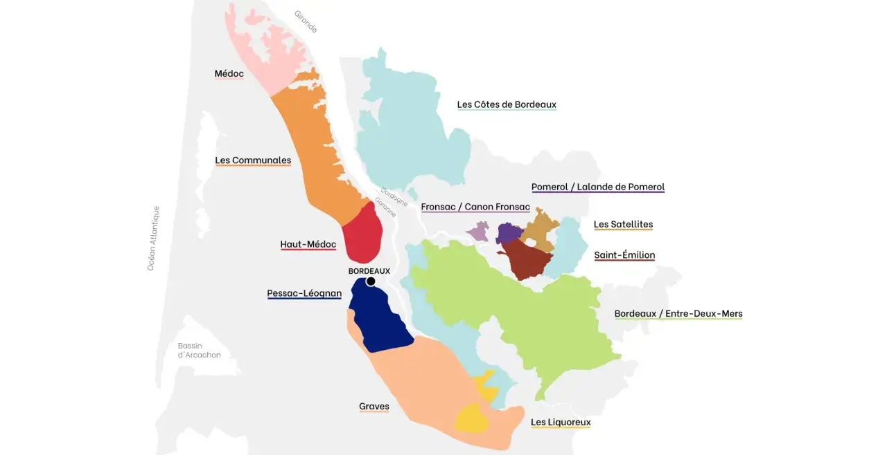 Carte des vignobles de Bordeaux, montrant les appellations comme le M&eacute;doc, Saint-&Eacute;milion et les grands crus.