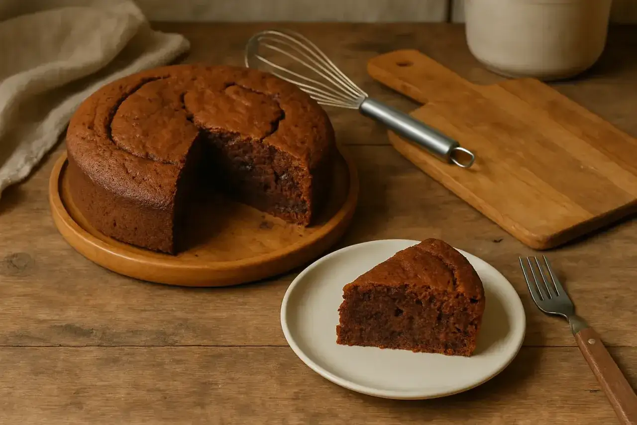 Un d&eacute;licieux g&acirc;teau yaourt chocolat, avec une part coup&eacute;e, pr&ecirc;t &agrave; &ecirc;tre d&eacute;gust&eacute;. Un fouet et une planche &agrave; d&eacute;couper sont &agrave; proximit&eacute;.