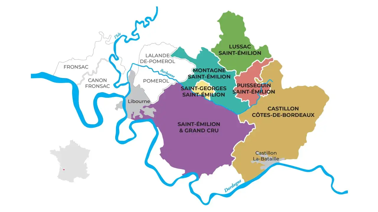Carte des appellations de la région Saint-Émilion, montrant les différentes communes viticoles bordelaises comme Pomerol, Montagne, Lussac, Puisseguin et Castillon.