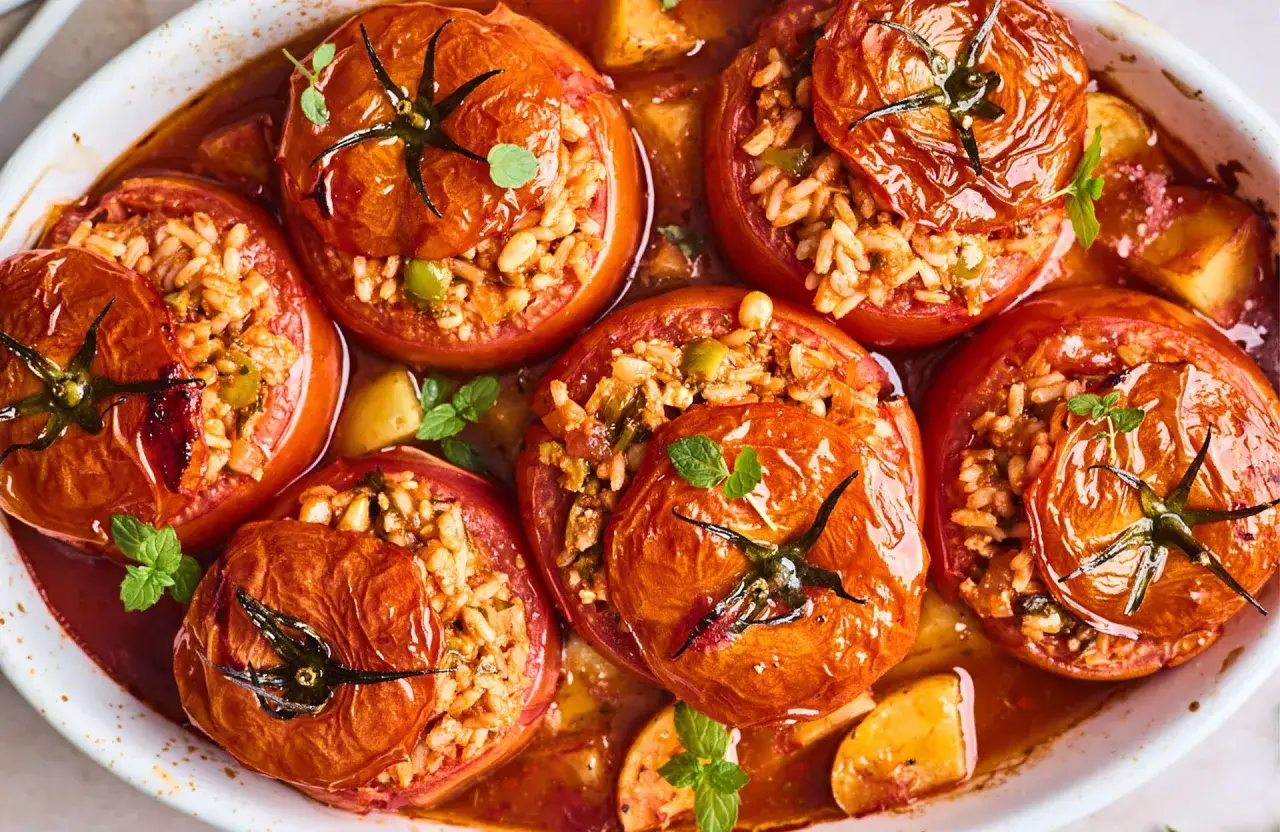 Tomates farcies au riz et aux herbes, dorées et appétissantes, baignant dans une sauce savoureuse. Un plat réconfortant.