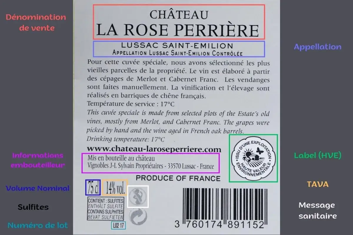 Étiquette de vin Château La Rose Perrière, appellation Lussac Saint-Émilion Contrôlée, vin de France. Contient 75cl, 14% vol.