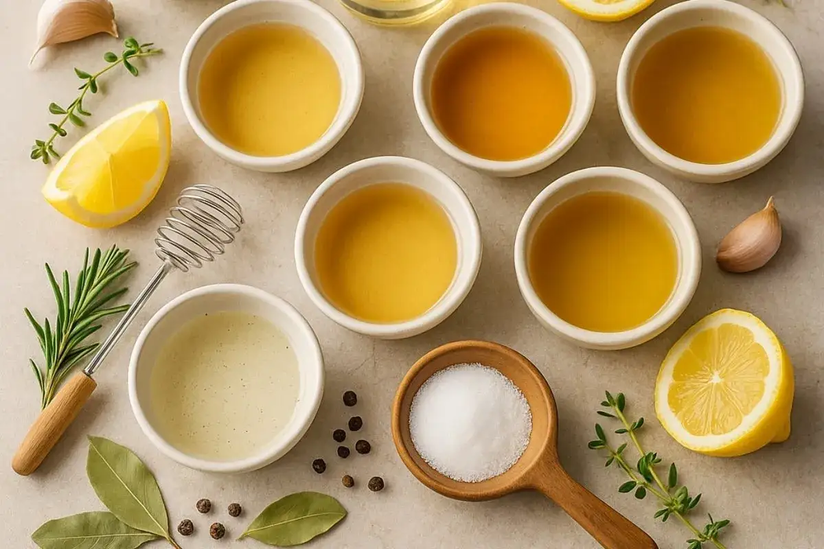 Divers liquides dorés et un blanc, citrons, ail, herbes, poivre, sel. Idées pour par quoi remplacer du vin blanc dans une recette.