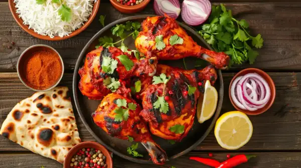 Poulet tandoori grillé, garni de coriandre fraîche, servi avec du riz basmati, du pain naan et des oignons rouges.
