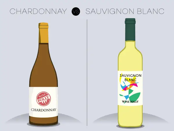 Illustration comparant deux bouteilles de vin : Chardonnay (brun) et Sauvignon Blanc (jaune). Découvrez la différence entre Chardonnay et Sauvignon.
