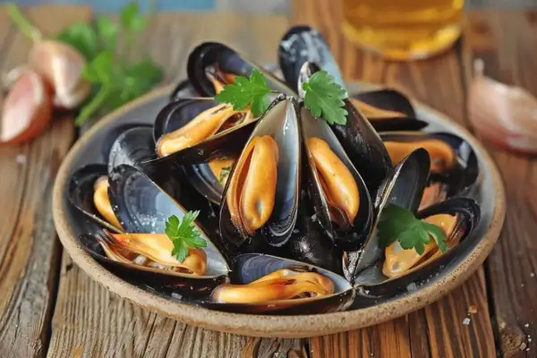 Assiette de moules savoureuses, garnie de persil. La quantité de moules par personne semble généreuse pour un repas délicieux.