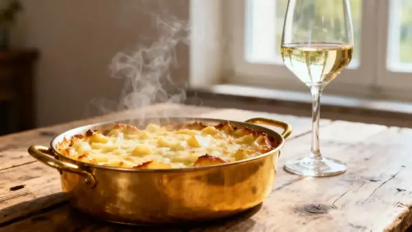 Croziflette fumante dans un plat en cuivre à côté d'un verre de vin blanc.