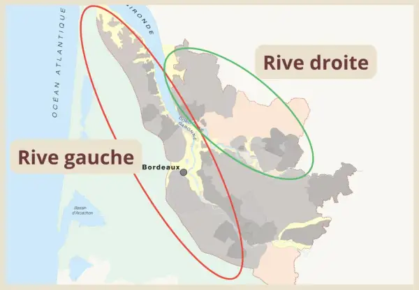 Carte de Bordeaux et ses environs, délimitant la rive gauche et la rive droite.