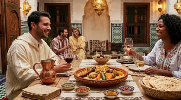 Un groupe d'amis partage un repas festif de couscous et de vin dans un patio marocain.