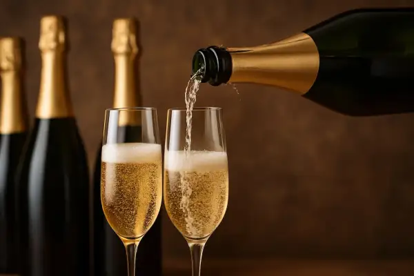 Une bouteille de champagne verse dans deux coupes. Derrière, d'autres bouteilles dorment. Combien de coupes dans une bouteille de champagne ? La fête commence !