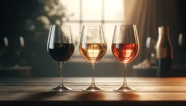 Trois verres de vin, rouge, blanc et rosé, sur une table en bois. La composition du vin rouge est mise en valeur par la lumière douce.
