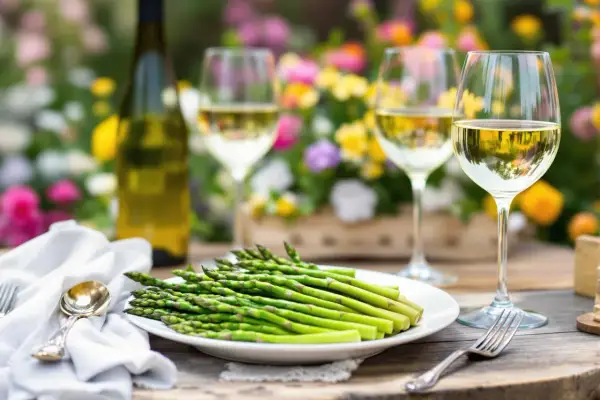 Un plateau d'asperges vertes fraîches, une bouteille de vin blanc et deux verres remplis de vin, sur une table en bois avec des fleurs en arrière-plan. La question quel vin avec asperges est parfaitement illustrée.