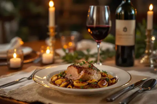 Un plat de parmentier de canard, un verre de vin rouge et des bougies créent une ambiance chaleureuse. Quel vin avec parmentier de canard ? Un Pinot Noir serait parfait.