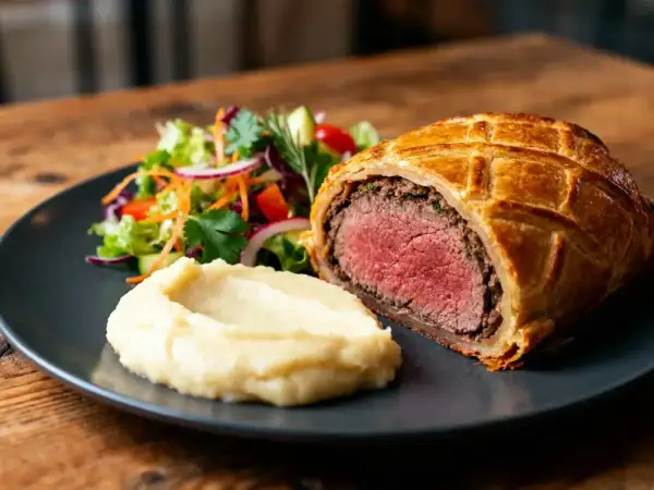 Un bœuf Wellington, parfaitement rôti, servi avec une purée onctueuse et une salade fraîche. Un délice à savourer.