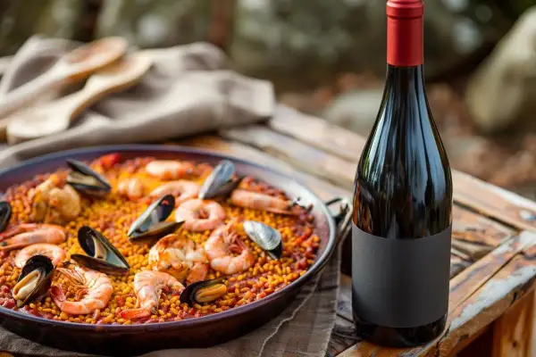Paella au poulet et fruits de mer, prête à être dégustée avec un vin rouge. Quel vin avec paella poulet fruits mer ? Ce plat coloré appelle un vin fruité.