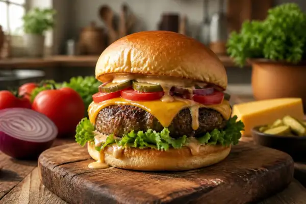 Un succulent hamburger maison avec steak, fromage fondant, tomates, oignons, cornichons et laitue, sur une planche en bois.