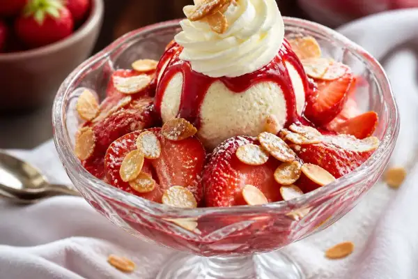 Un déliceux dessert fraise melba : glace vanille, fraises fraîches, coulis rouge, chantilly et amandes effilées.