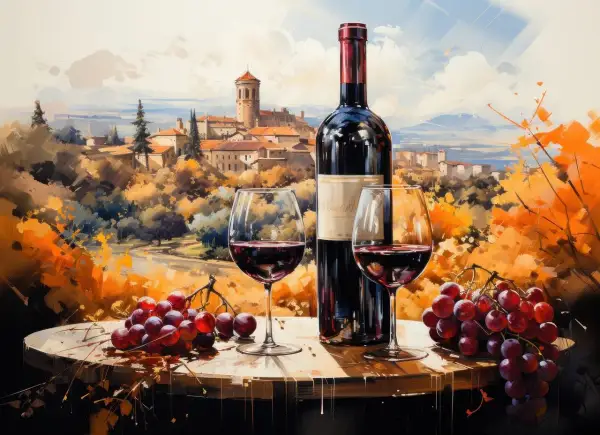 Bouteille de vin rouge, deux verres, grappes de raisin et un village toscan en arrière-plan. La lie de vin, symbole de tradition.
