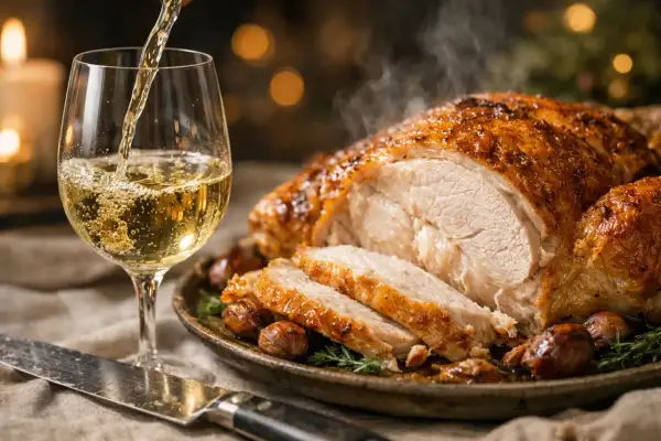 Un verre de vin blanc est versé à côté d'un chapon farci rôti, fumant et garni de marrons. Un repas festif.