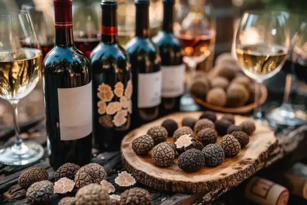 Bouteilles de vin et truffes noires sur une table en bois. Une question se pose : quel vin avec truffe pour sublimer ce mets d'exception ?