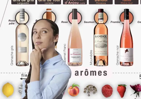 Une femme réfléchit devant des bouteilles de vin rosé, dont un vin rosé PACA. Des arômes de fruits et d'épices sont représentés.