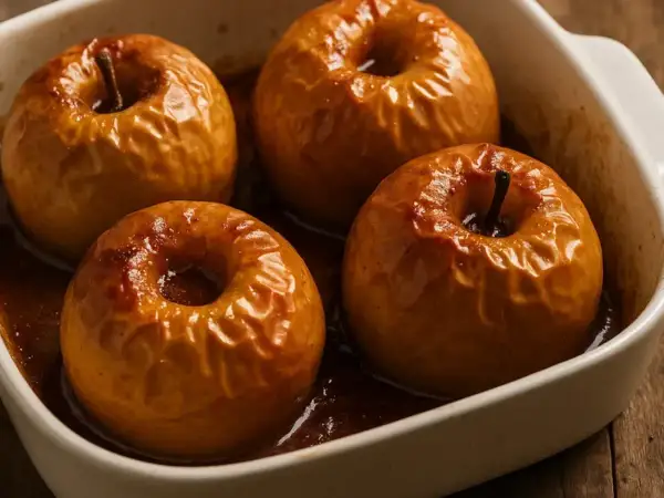 Quatre pommes au four dorées et caramélisées dans un plat blanc, dégageant un arôme réconfortant.