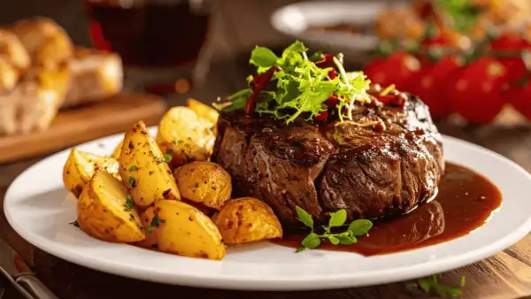 Un succulent filet mignon, cuit à la perfection dans le air fryer, servi avec des pommes de terre rôties et une sauce riche.