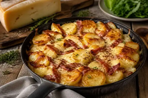 Plat de truffade gratiné aux lardons, servi dans une poêle en fonte, avec un morceau de fromage à côté. Un délice à déguster avec un bon vin.