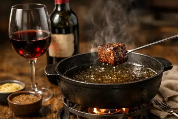 Un morceau de bœuf est plongé dans l'huile bouillante pour une fondue bourguignonne, accompagné d'un verre de vin rouge et de sauces.