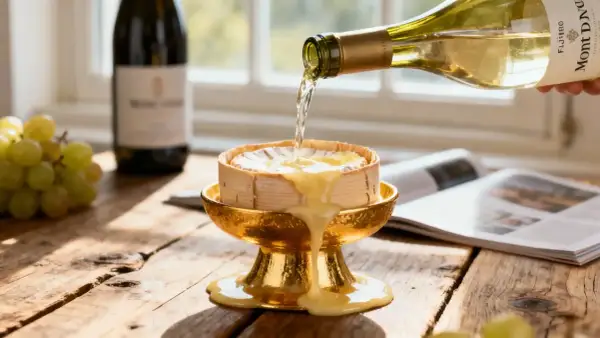 Un vin blanc Mont d'Or coule sur un fromage fondant dans un plat doré. Des raisins verts et une bouteille de vin complètent la scène.