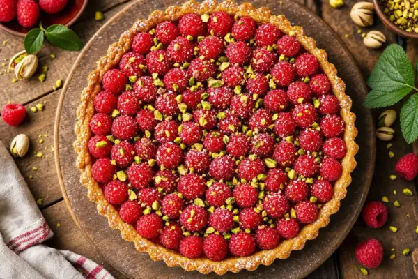 Une délicieuse tarte framboise, généreusement garnie de fruits rouges frais et parsemée de pistaches concassées, sur un fond de bois rustique.