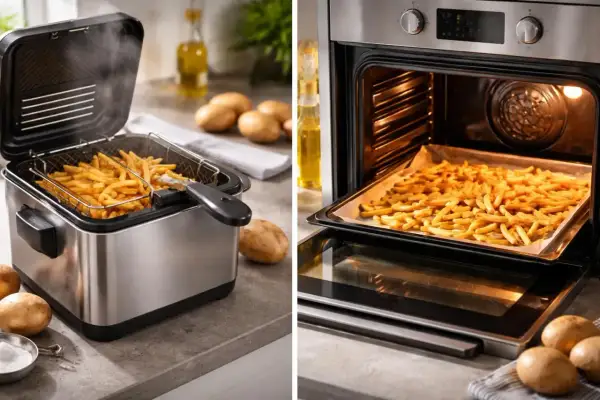 Frites dorées dans une friteuse fumante et sur une plaque de cuisson au four. La cuisson des frites, une étape clé pour un repas savoureux.