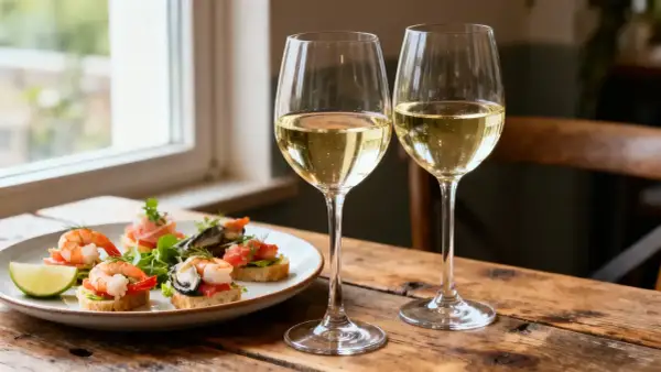 Deux verres de vin blanc pétillant, accompagnés de délicieux toasts aux fruits de mer et d'une tranche de citron vert.