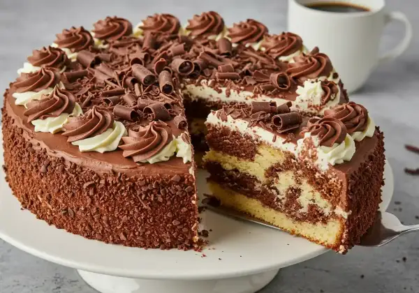 Un délicieux gâteau marbré au chocolat, décoré de crème et de copeaux de chocolat, avec une part coupée.